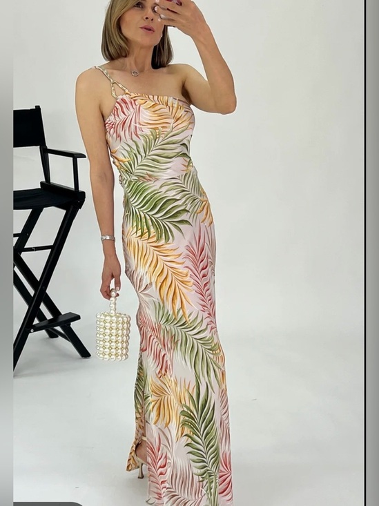 Mimi Haus Dresses & Skirts - One-Shoulder Tropical Leaf Maxi Dress in Pink, Green & Gold Tones